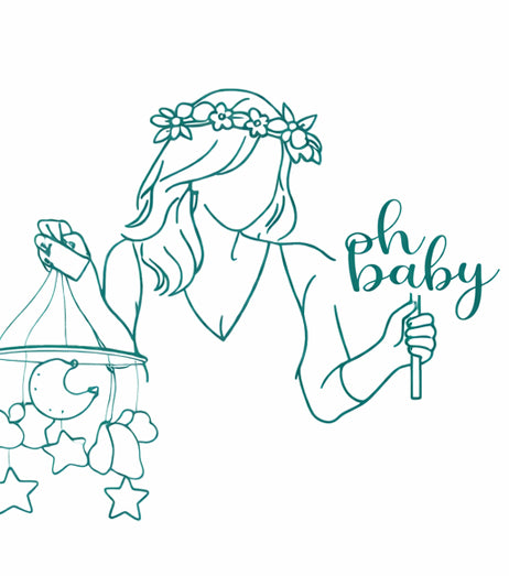 Linienzeichnung einer Frau mit Blumenkranz im Haar, hält ein Mobile mit Mond und Sternen und ein Schriftzug 'oh baby'