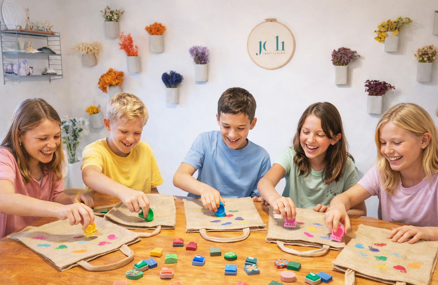 Fünf Kinder sitzen im Workshopraum von JOLI und bestempeln Stofftaschen mit bunten Farben
